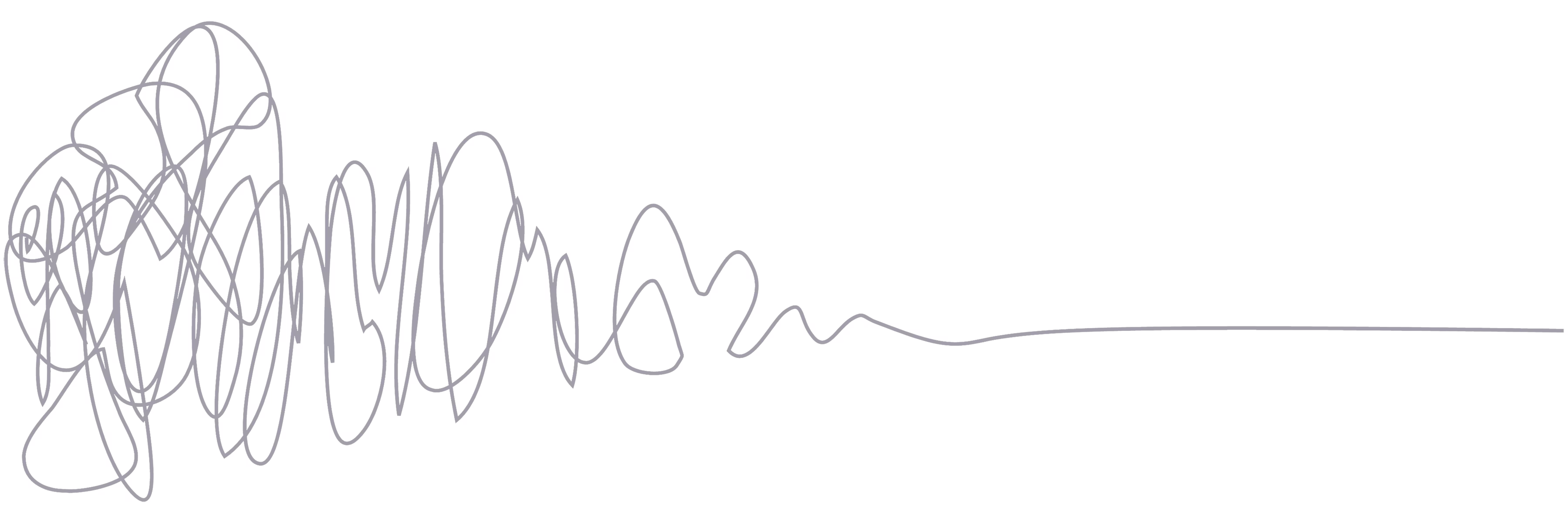 Gray scribble lines that start dense and chaotic on the left and gradually become a straight line toward the right.